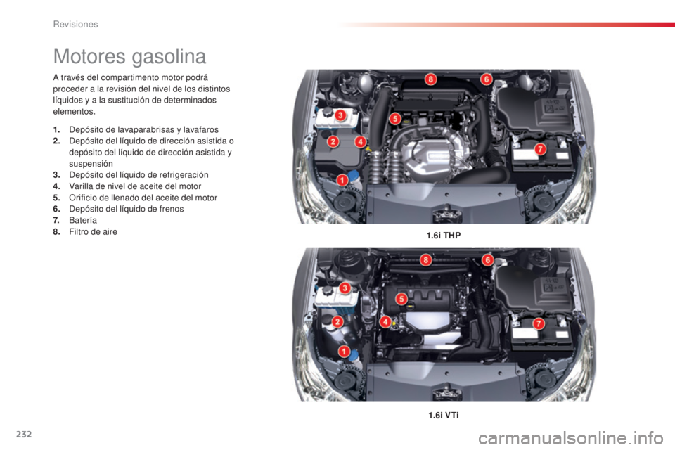 CITROEN C5 2015  Manuales de Empleo (in Spanish) 232
c5_es_c hap09_verification_ed01-2014
a través del compartimento motor podrá 
p roceder a la revisión del nivel de los distintos 
líquidos y a la sustitución de determinados 
elementos.
1.6i T