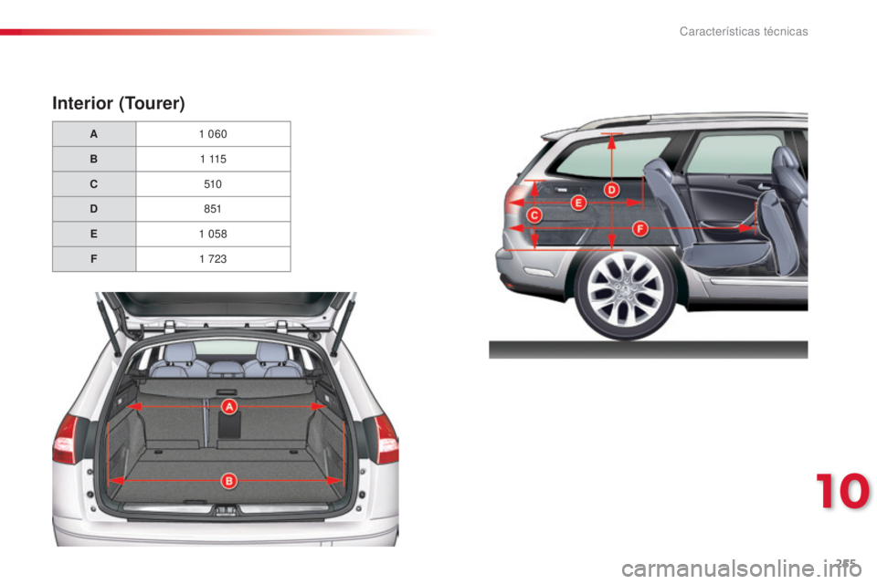 CITROEN C5 2015  Manuales de Empleo (in Spanish) 255
c5_es_c hap10_caracteristique_ed01-2014
Interior (Tourer)
A 1   060
B 1
 

115
C 510
D 8 51
E 1
  058
F 1
  723
10 
características técnicas  