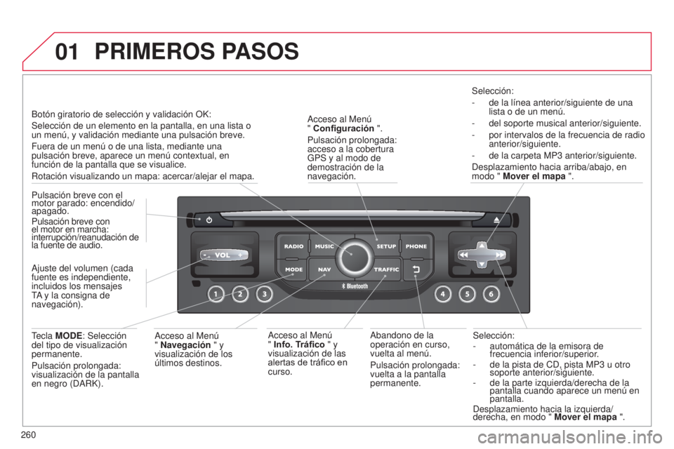 CITROEN C5 2015  Manuales de Empleo (in Spanish) 01
260
c5_es_chap11b_Rt6-2-8_ed01-2014
Selección:
-
 automática de la emisora de 
frecuencia inferior/superior
.
-
 
de la pista de 
 cd , pista MP3   u otro 
soporte anterior/siguiente.
-
 
de la p