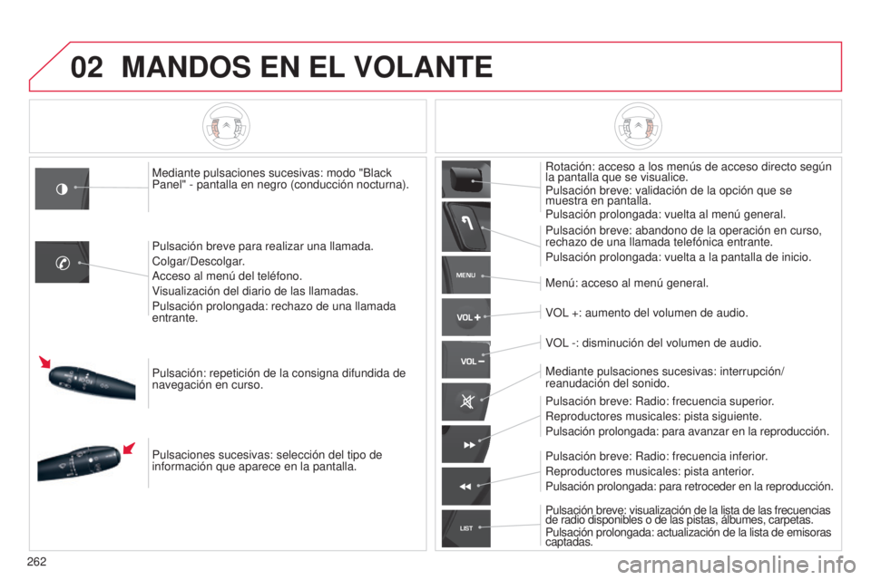 CITROEN C5 2015  Manuales de Empleo (in Spanish) 02
MENU
LIST
262
c5_es_chap11b_Rt6-2-8_ed01-2014
MANDOS EN EL VOLANTE
Mediante pulsaciones sucesivas: modo "Black 
Panel" - pantalla en negro (conducción nocturna).
Pulsación breve para real