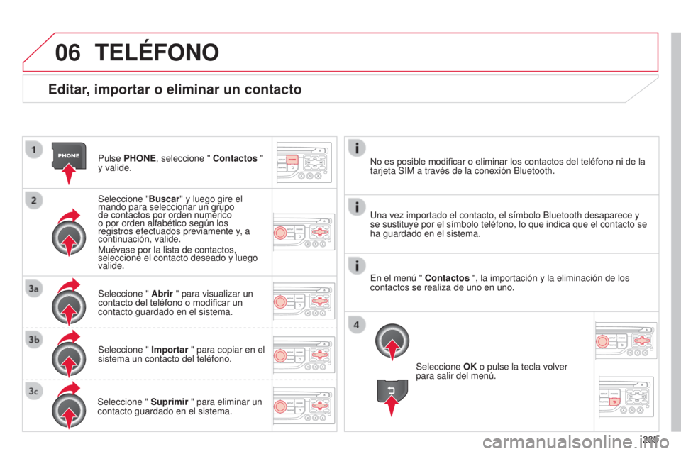 CITROEN C5 2015  Manuales de Empleo (in Spanish) 06
285
c5_es_chap11b_Rt6-2-8_ed01-2014
Editar, importar o eliminar un contacto
Pulse PHONE, seleccione " Contactos " 
y valide.
Seleccione "Buscar" y luego gire el 
mando para seleccio