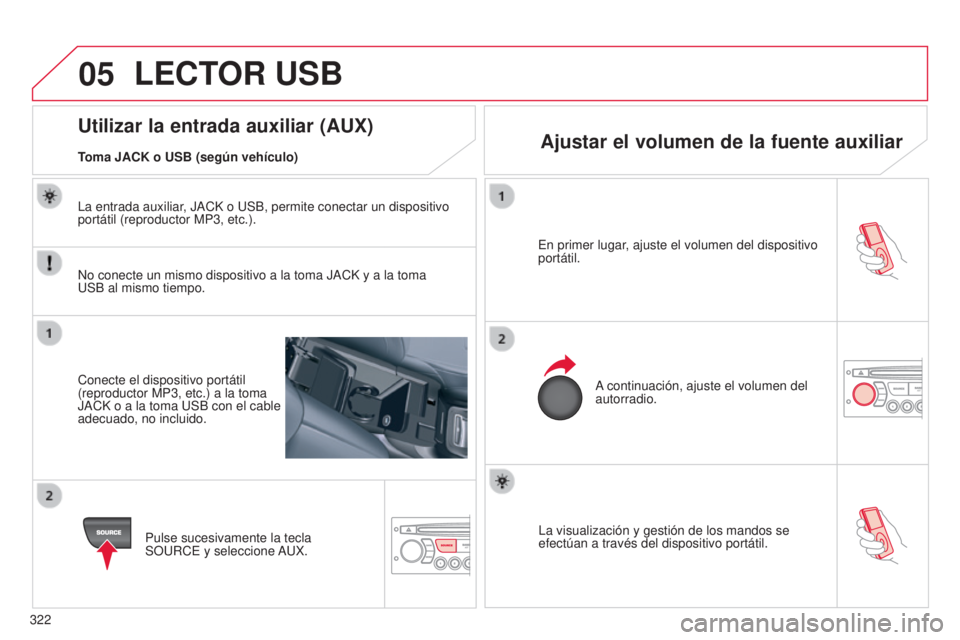 CITROEN C5 2015  Manuales de Empleo (in Spanish) 05
322
c5_es_chap11c_Rd45_ed01_2014
la visualización y gestión de los mandos se 
efectúan a través del dispositivo portátil.
e
 n primer lugar, ajuste el volumen del dispositivo 
portátil.
a con
