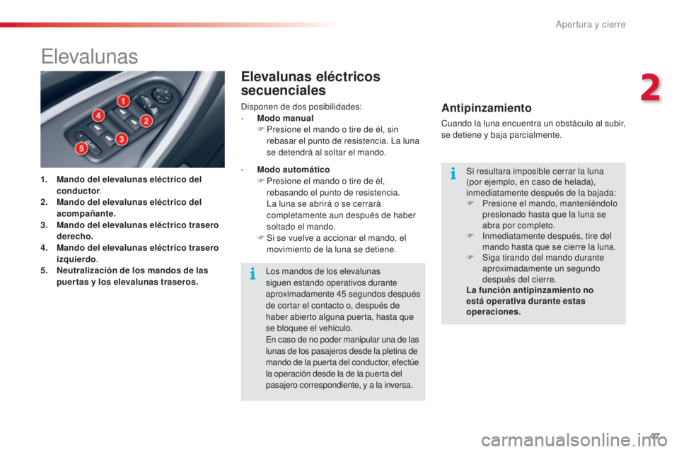CITROEN C5 2015 Manuales de Empleo (in Spanish) 47
c5_es_ chap02_ouverture_ed01-2014
elevalunas
1. Mando del elevalunas eléctrico del
conductor .
2.
M
ando del elevalunas eléctrico del
acompañante.
3.
M
ando del elevalunas eléctrico trase CITROEN C5 2015 Manuales de Empleo (in Spanish) 47
c5_es_ chap02_ouverture_ed01-2014
elevalunas
1. Mando del elevalunas eléctrico del
conductor .
2.
M
ando del elevalunas eléctrico del
acompañante.
3.
M
ando del elevalunas eléctrico trase