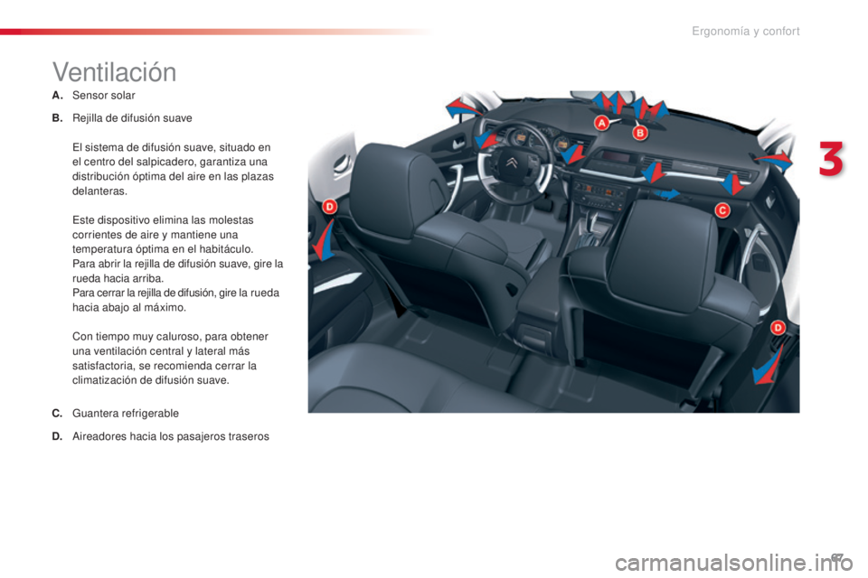 CITROEN C5 2015  Manuales de Empleo (in Spanish) 67
c5_es_c hap03_ergo-et-confort_ed01-2014
Ventilac i ón
A. Sensor solar
B.
 R

ejilla de difusión suave
 

e
l s
 istema de difusión suave, situado en 
el centro del salpicadero, garantiza una 
di