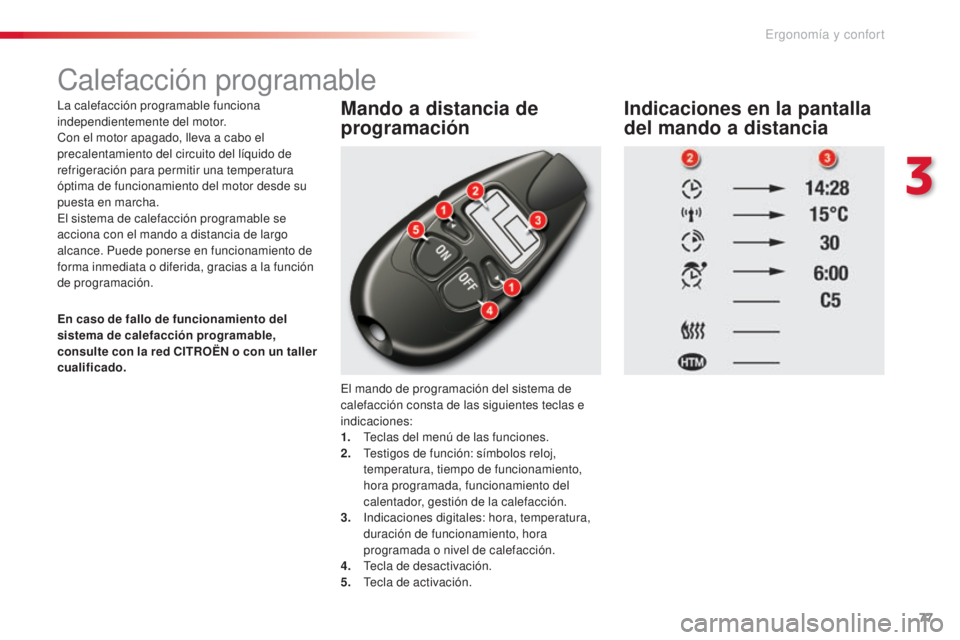 CITROEN C5 2015  Manuales de Empleo (in Spanish) 77
c5_es_c hap03_ergo-et-confort_ed01-2014
calefacción programable
la calefacción programable funciona 
independientemente del motor.
co

n el motor apagado, lleva a cabo el 
precalentamiento del ci