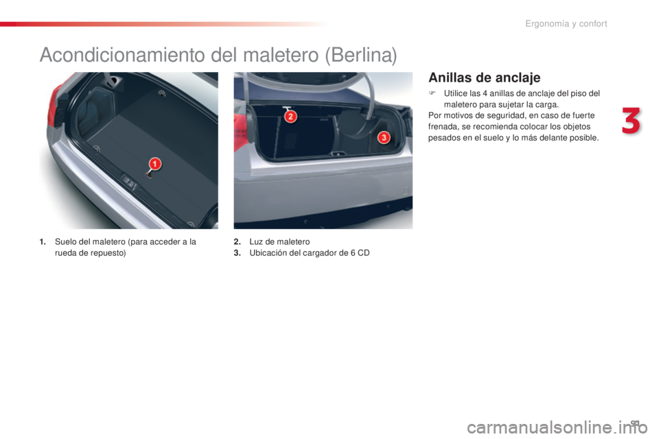 CITROEN C5 2015  Manuales de Empleo (in Spanish) 91
c5_es_c hap03_ergo-et-confort_ed01-2014
acondicionamiento del maletero (Berlina)
1. Suelo del maletero (para acceder a la 
rueda de repuesto) 2. 
lu z de maletero
3.  ub icación del cargador de 6 