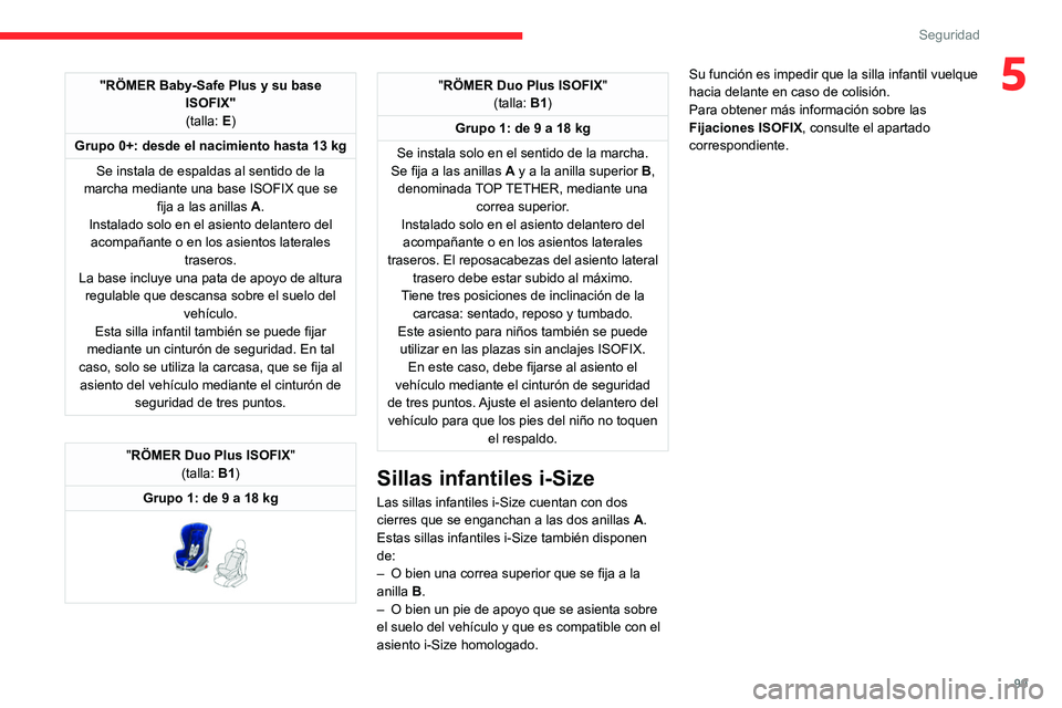 CITROEN C5 AIRCROSS 2022 Manuales de Empleo (in Spanish) 99
Seguridad
5"RÖMER Baby-Safe Plus y su base ISOFIX"(talla: E)
Grupo 0+: desde el nacimiento hasta 13 kg Se instala de espaldas al sentido de la
marcha mediante una base ISOFIX que se fija CITROEN C5 AIRCROSS 2022 Manuales de Empleo (in Spanish) 99
Seguridad
5"RÖMER Baby-Safe Plus y su base ISOFIX"(talla: E)
Grupo 0+: desde el nacimiento hasta 13 kg Se instala de espaldas al sentido de la
marcha mediante una base ISOFIX que se fija