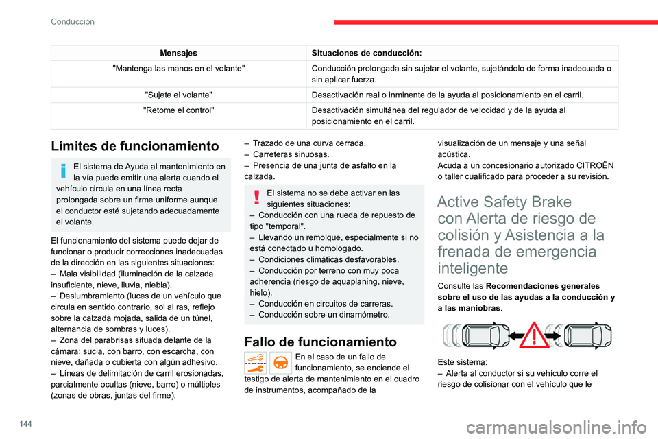 CITROEN C5 AIRCROSS 2022 Manuales de Empleo (in Spanish) 144
Conducción
MensajesSituaciones de conducción:
"Mantenga las manos en el volante" Conducción prolongada sin sujetar el volante, sujetándolo de forma\
inadecuada o
sin aplicar fuerza.
CITROEN C5 AIRCROSS 2022 Manuales de Empleo (in Spanish) 144
Conducción
MensajesSituaciones de conducción:
"Mantenga las manos en el volante" Conducción prolongada sin sujetar el volante, sujetándolo de forma\
inadecuada o
sin aplicar fuerza.