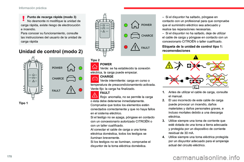CITROEN C5 AIRCROSS 2022 Manuales de Empleo (in Spanish) 170
Información práctica
Punto de recarga rápida (modo 3)
No desmonte ni modifique la unidad de
carga rápida, existe riesgo de electrocución
e incendio.
Para conocer su funcionamiento, consulte CITROEN C5 AIRCROSS 2022 Manuales de Empleo (in Spanish) 170
Información práctica
Punto de recarga rápida (modo 3)
No desmonte ni modifique la unidad de
carga rápida, existe riesgo de electrocución
e incendio.
Para conocer su funcionamiento, consulte
