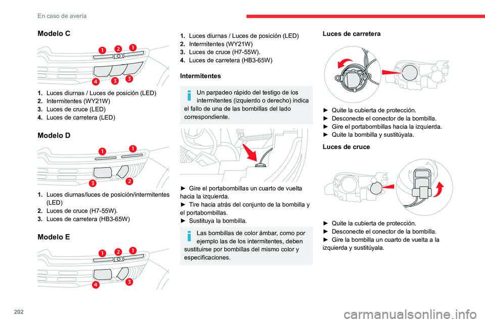 CITROEN C5 AIRCROSS 2022 Manuales de Empleo (in Spanish) 202
En caso de avería
Modelo C
1.Luces diurnas / Luces de posición (LED)
2. Intermitentes (WY21W)
3. Luces de cruce (LED)
4. Luces de carretera (LED)
Modelo D
1.Luces diurnas/luces de posició CITROEN C5 AIRCROSS 2022 Manuales de Empleo (in Spanish) 202
En caso de avería
Modelo C
1.Luces diurnas / Luces de posición (LED)
2. Intermitentes (WY21W)
3. Luces de cruce (LED)
4. Luces de carretera (LED)
Modelo D
1.Luces diurnas/luces de posició