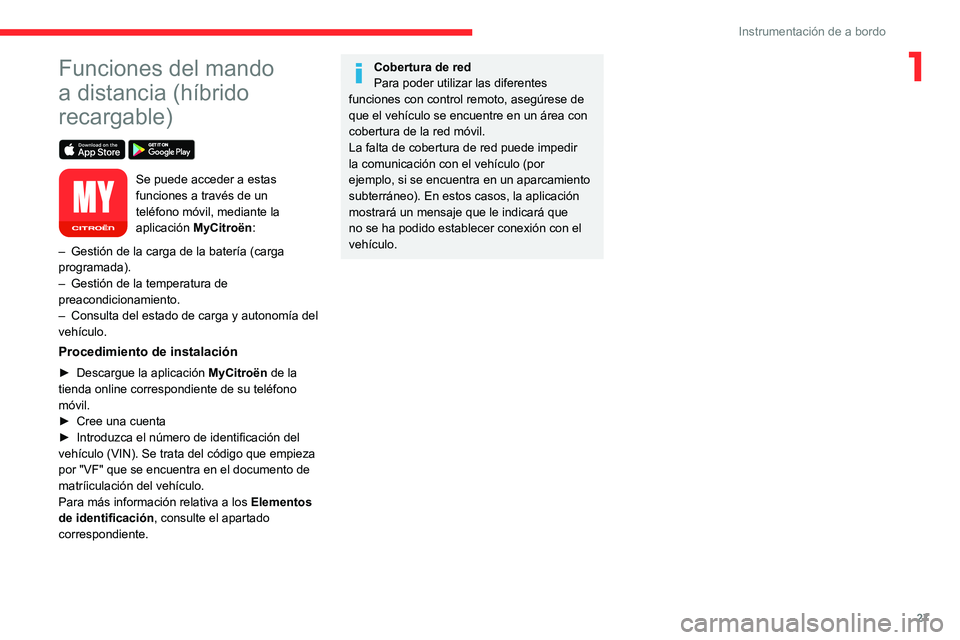CITROEN C5 AIRCROSS 2022 Manuales de Empleo (in Spanish) 27
Instrumentación de a bordo
1Funciones del mando
a distancia (híbrido
recargable)
Se puede acceder a estas
funciones a través de un
teléfono móvil, mediante la
aplicación MyCitroën:
CITROEN C5 AIRCROSS 2022 Manuales de Empleo (in Spanish) 27
Instrumentación de a bordo
1Funciones del mando
a distancia (híbrido
recargable)
Se puede acceder a estas
funciones a través de un
teléfono móvil, mediante la
aplicación MyCitroën:
