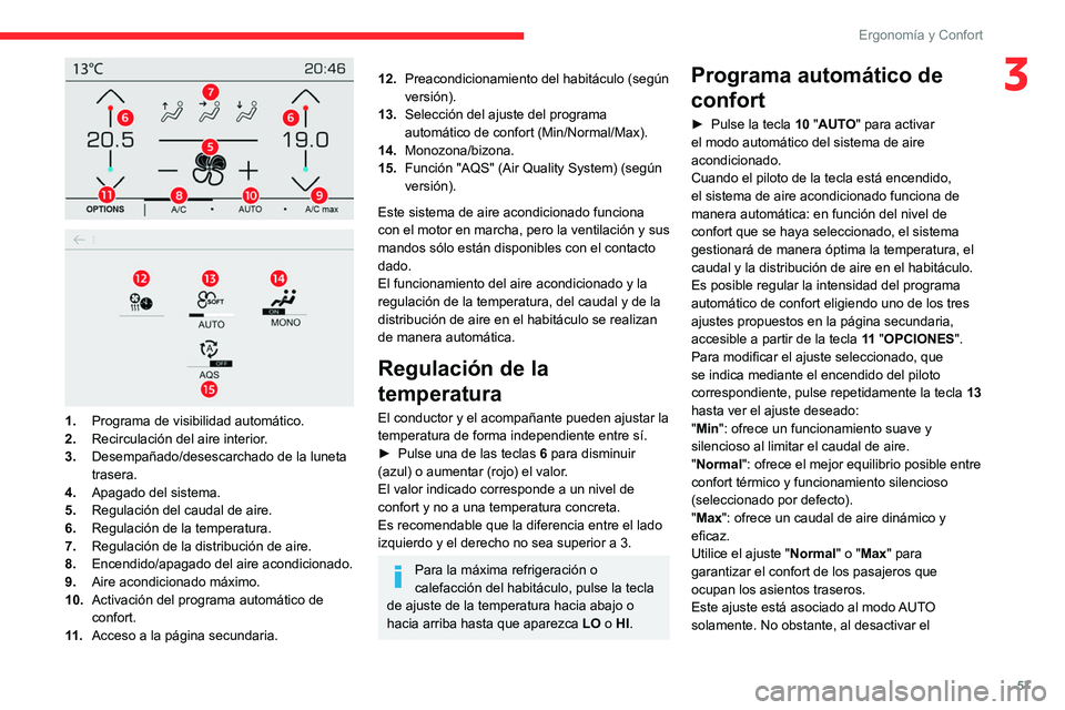 CITROEN C5 AIRCROSS 2022  Manuales de Empleo (in Spanish) 57
Ergonomía y Confort
3
 
 
 
1. Programa de visibilidad automático.
2. Recirculación del aire interior.
3. Desempañado/desescarchado de la luneta 
trasera.
4. Apagado del sistema.
5. Regulación