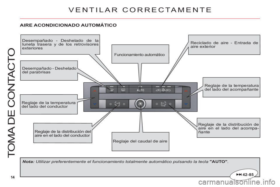 CITROEN C6 2012  Manuales de Empleo (in Spanish) 14
T
O
MA DE 
CO
NTA
C
T
O
AIRE ACONDICIONADO AUTOMÁTICO
Reglaje de la distribución del aire en el lado del conductor
Reglaje de la distribución de aire en el lado del acompa-ñante
Reglaje de la t
