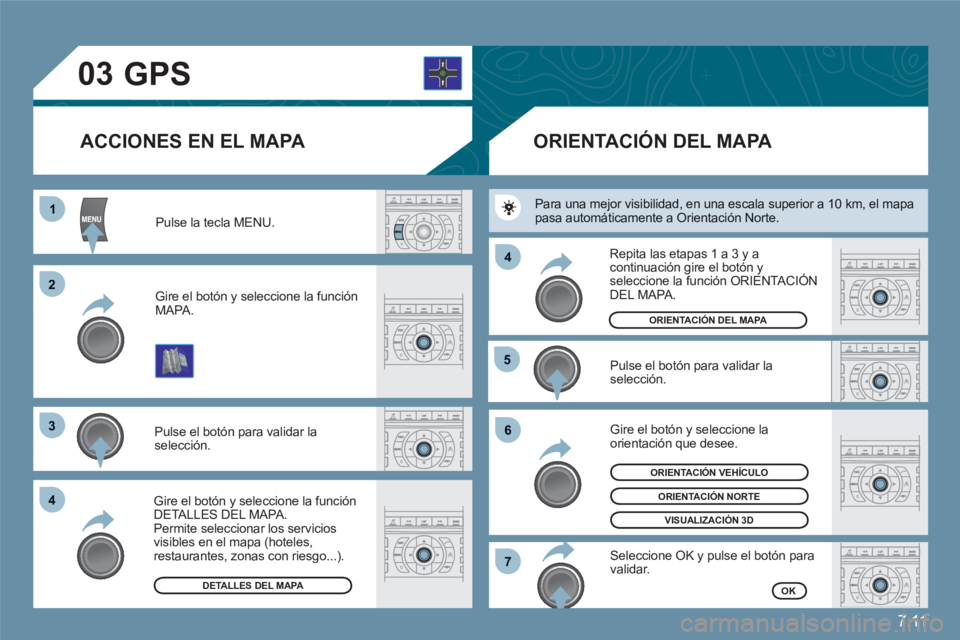 CITROEN C6 2012  Manuales de Empleo (in Spanish) 7.11
03
11
22
33
44
55
66
77
44
  Pulse la tecla MENU.
Gire el botón y seleccione la función MAPA.
 
Pulse el botón para validar laselección. 
Gire el botón y seleccione la función DETALLES DEL 