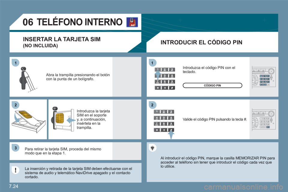 CITROEN C6 2012  Manuales de Empleo (in Spanish) 7.24
11
22
33
11
22
06   
 
 
 
TELÉFONO INTERNO 
INTRODUCIR EL CÓDIGO PIN 
 
Abra la trampilla presionando el botón con la punta de un bolígrafo. 
Introduzca la tarjeta SIM en el soportey, a cont