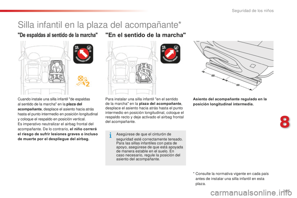 CITROEN C-ELYSÉE 2016 Manuales de Empleo (in Spanish) 105
Silla infantil en la plaza del acompañante*
"De espaldas al sentido de la marcha""En el sentido de la marcha"
Asiento del acompañante regulado en la
posición longitudinal inter CITROEN C-ELYSÉE 2016 Manuales de Empleo (in Spanish) 105
Silla infantil en la plaza del acompañante*
"De espaldas al sentido de la marcha""En el sentido de la marcha"
Asiento del acompañante regulado en la
posición longitudinal inter