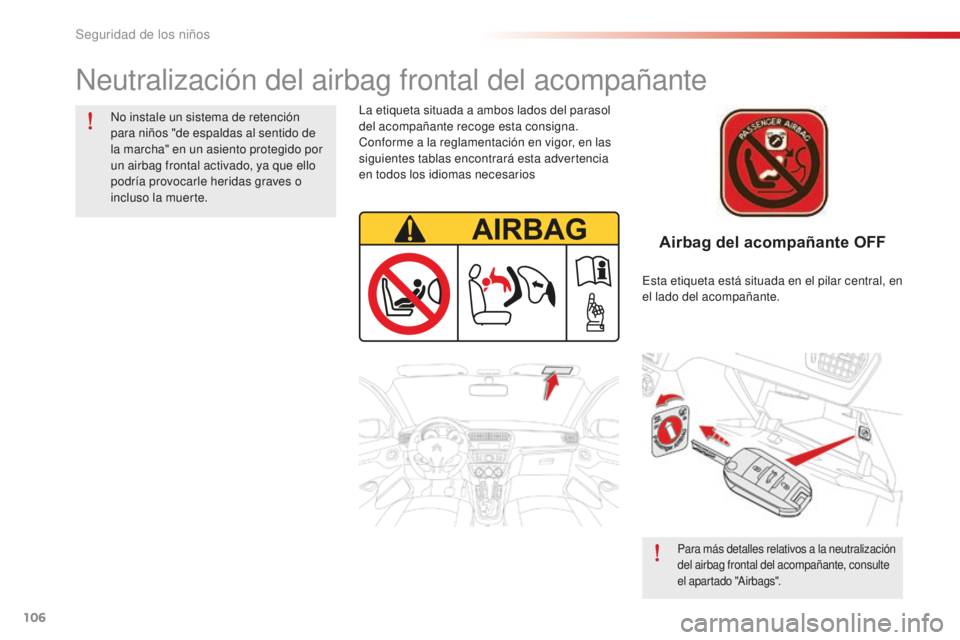 CITROEN C-ELYSÉE 2016  Manuales de Empleo (in Spanish) 106
Airbag del acompañante OFF
neutralización del airbag frontal del acompañante
no instale un sistema de retención 
para niños "de espaldas al sentido de 
la marcha" en un asiento proteg