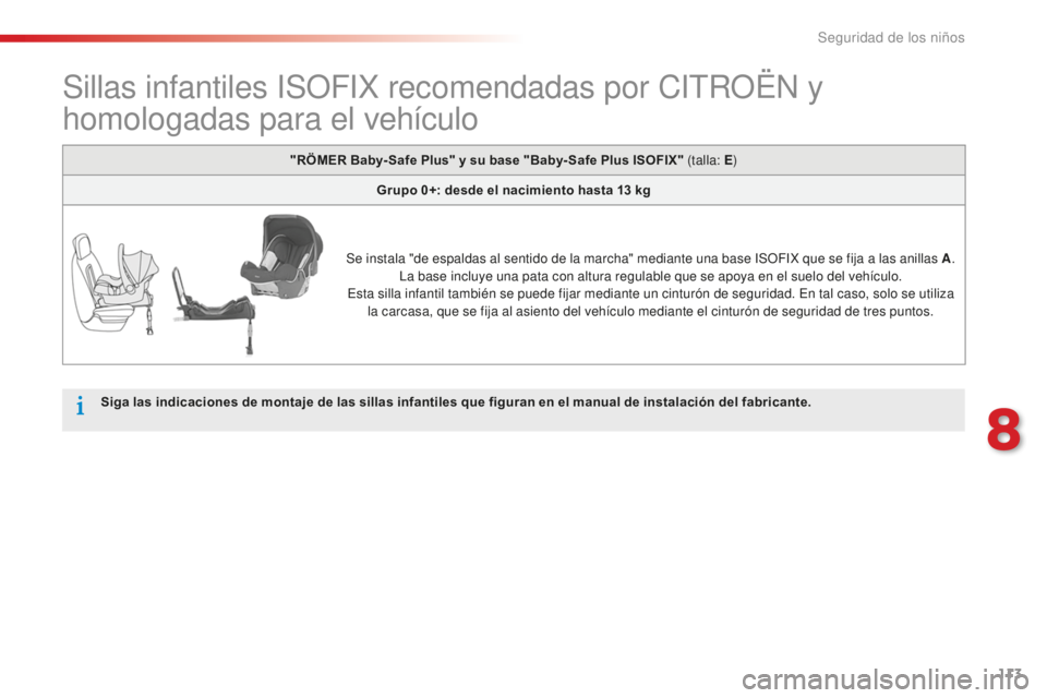 CITROEN C-ELYSÉE 2016  Manuales de Empleo (in Spanish) 113
Sillas infantiles iSOFiX r ecomendadas por  citR OËn  y 
homologadas para el vehículo
Siga las indicaciones de montaje de las sillas infantiles que figuran en el manual de instalación del fabri