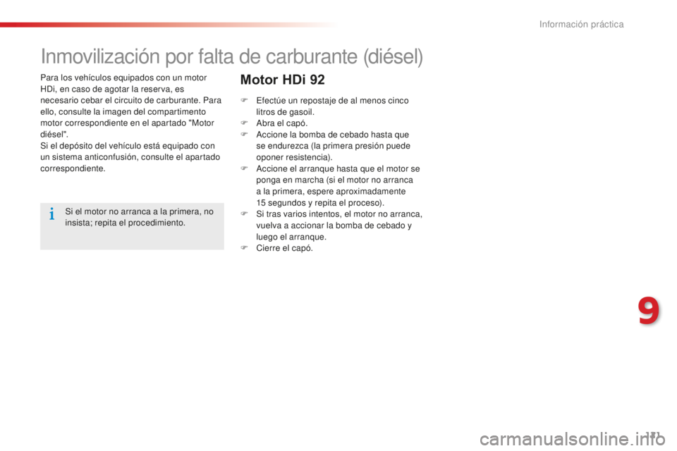 CITROEN C-ELYSÉE 2016  Manuales de Empleo (in Spanish) 121
Para los vehículos equipados con un motor 
Hdi, en caso de agotar la reserva, es 
necesario cebar el circuito de carburante. Para 
ello, consulte la imagen del compartimento 
motor correspondient