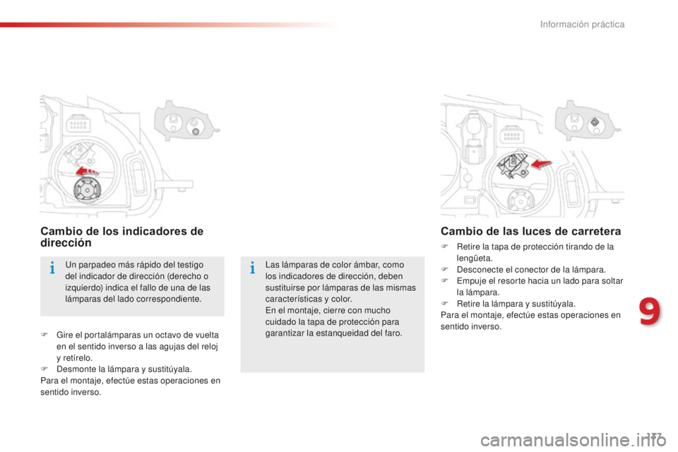 CITROEN C-ELYSÉE 2016  Manuales de Empleo (in Spanish) 137
las lámparas de color ámbar, como 
los indicadores de dirección, deben 
sustituirse por lámparas de las mismas 
características y color.
en e
l montaje, cierre con mucho 
cuidado la tapa de p