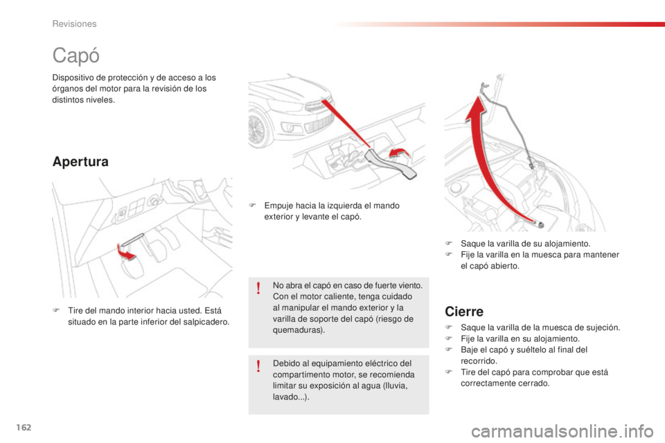 CITROEN C-ELYSÉE 2016  Manuales de Empleo (in Spanish) 162
C-Elysee_es_Chap10_verifications_ed01-2014
C-Elysee_es_Chap10_verifications_ed01-2014
capó
Cierre
F Saque la varilla de la muesca de sujeción.
F F ije la varilla en su alojamiento.
F
 
B
 aje el