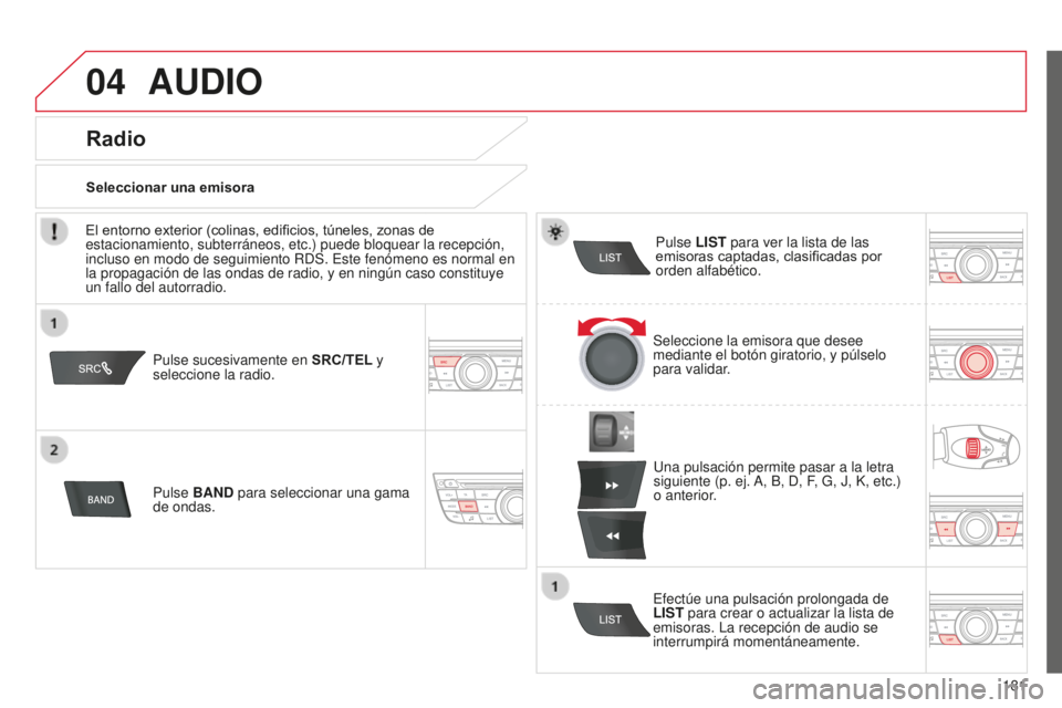 CITROEN C-ELYSÉE 2016  Manuales de Empleo (in Spanish) 04
181
AUDIO
Pulse sucesivamente en SRC/TEL y 
seleccione la radio.
Pulse  BAND para seleccionar una gama 
de ondas. Pulse LIST para ver la lista de las 
emisoras captadas, clasificadas por 
orden alf