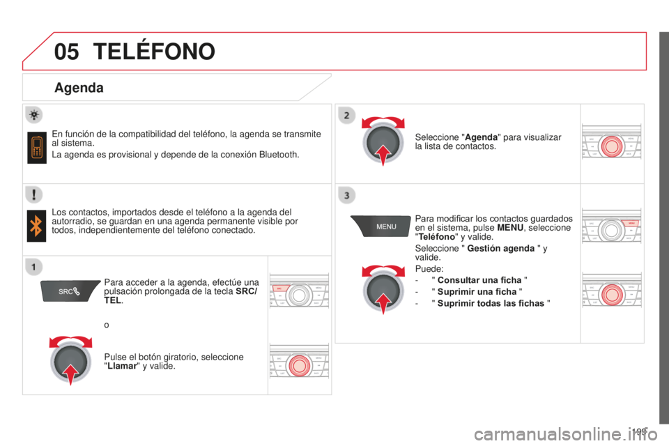 CITROEN C-ELYSÉE 2016  Manuales de Empleo (in Spanish)  
   
 
 
05
199
TELéFONO
Agenda
en función de la compatibilidad del teléfono, la agenda se transmit\
e 
al sistema.
l

a agenda es provisional y depende de la conexión Bluetooth.
l

os contactos,