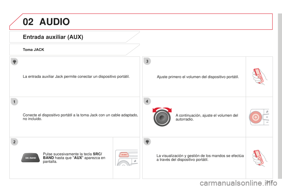CITROEN C-ELYSÉE 2016  Manuales de Empleo (in Spanish) 02
217
AUDIO
Entrada auxiliar (AUX)
Toma JACK
c
onecte el dispositivo portátil a la toma Jack con un cable adaptado, \
no incluido.
l

a entrada auxiliar Jack permite conectar un dispositivo portát