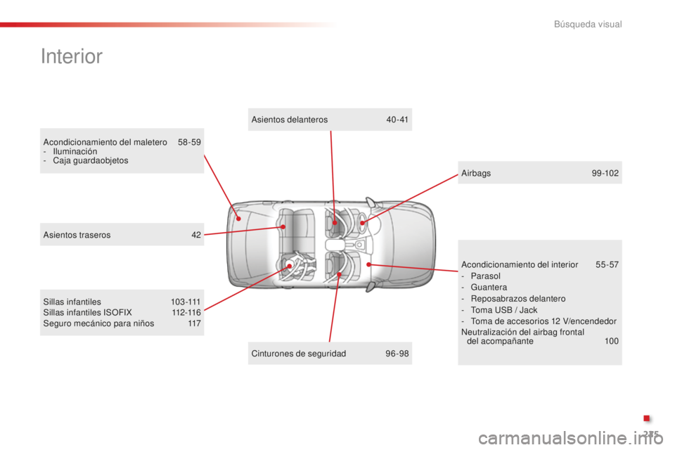 CITROEN C-ELYSÉE 2016  Manuales de Empleo (in Spanish) 225
interior
acondicionamiento del maletero 58-59
- il uminación
-
 

c
aj
 a guardaobjetos
as
 ientos delanteros
 4
 0-41
Sillas infantiles
 1
 03-111
Sillas infantiles 
i
SO
 F
iX 1
 12-116
Seguro 