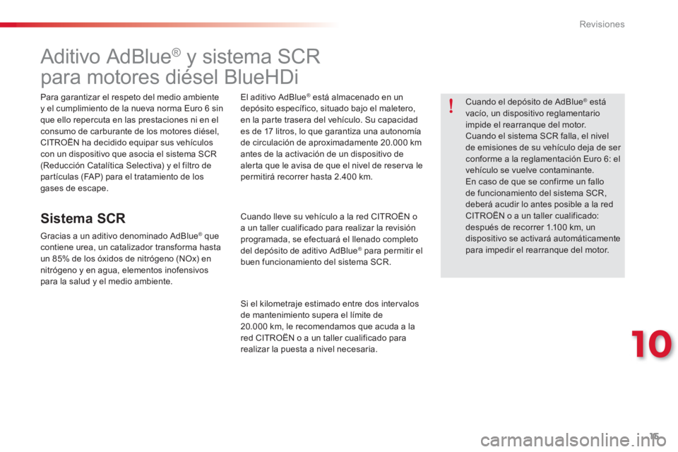 CITROEN C-ELYSÉE 2016  Manuales de Empleo (in Spanish) 15
10
Revisiones
   
 
 
 
 
 
 
 
 
 
 
 
 
 
 
 
 
 
Aditivo AdBlue ® 
 y sistema SCR   
para motores diésel BlueHDi  
 
 
Para garantizar el respeto del medio ambiente 
y el cumplimiento de la nu