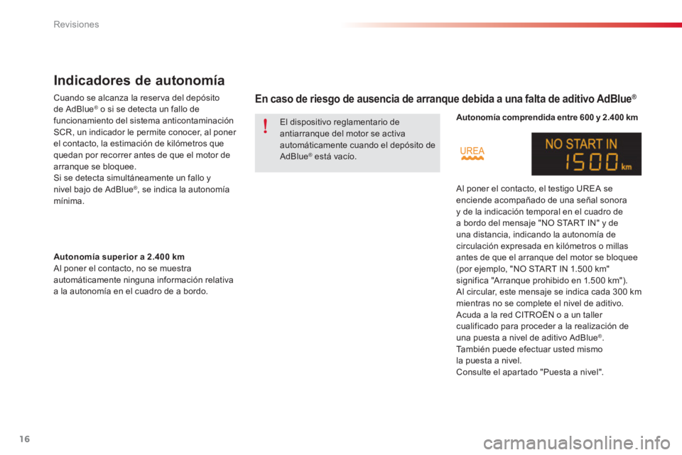 CITROEN C-ELYSÉE 2016  Manuales de Empleo (in Spanish) 16
Revisiones
   
 
 
 
 
Indicadores de autonomía 
 
 
Cuando se alcanza la reser va del depósito 
de AdBlue ®   o si se detecta un fallo de 
funcionamiento del sistema anticontaminación 
SCR, un