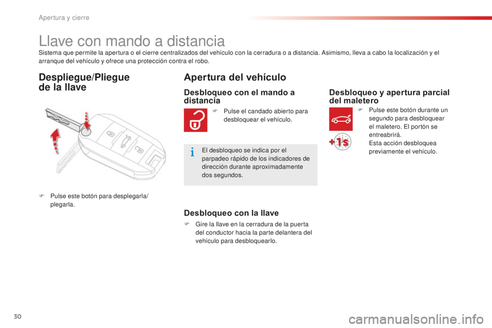 CITROEN C-ELYSÉE 2016  Manuales de Empleo (in Spanish) 30
c-elysee_es_chap02_ouvertures_ed01-2014
Sistema que permite la apertura o el cierre centralizados del vehículo con la cerradura o a distancia. asimismo, lleva a cabo la localización y el 
arranqu