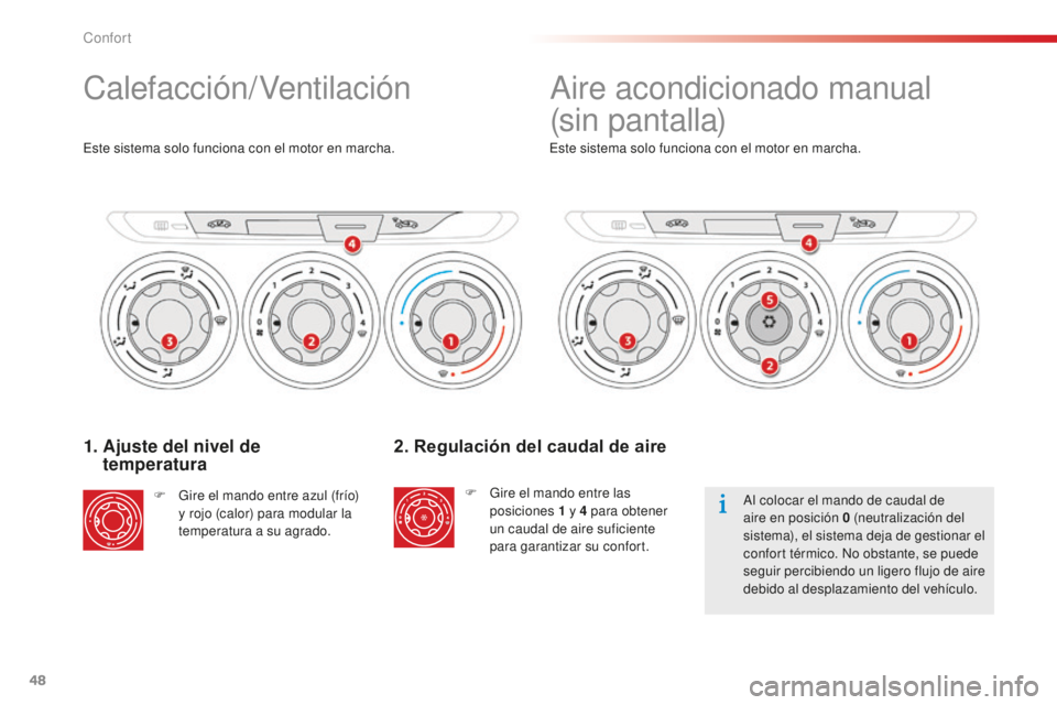 CITROEN C-ELYSÉE 2016  Manuales de Empleo (in Spanish) 48
1.  Ajuste del nivel de  temperatura
F Gire el mando entre azul (frío) 
y rojo (calor) para modular la 
temperatura a su agrado.
es
 te sistema solo funciona con el motor en marcha.
2. Regulación