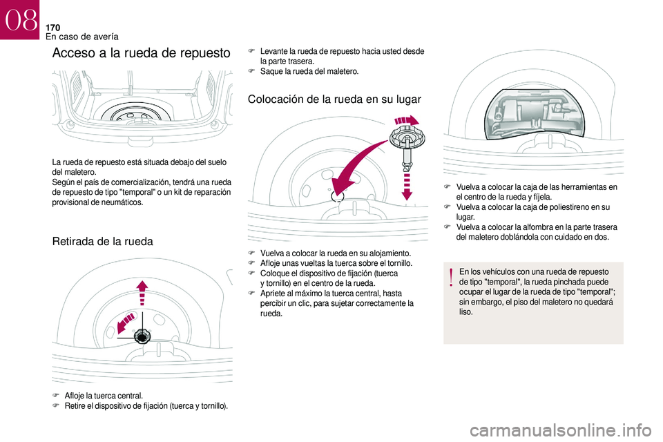 CITROEN DS3 2018 Manuales de Empleo (in Spanish) 170
Acceso a la rueda de repuesto
Retirada de la ruedaColocación de la rueda en su lugar
La rueda de repuesto está situada debajo del suelo
del maletero.
Según el país de comercialización, tendr CITROEN DS3 2018 Manuales de Empleo (in Spanish) 170
Acceso a la rueda de repuesto
Retirada de la ruedaColocación de la rueda en su lugar
La rueda de repuesto está situada debajo del suelo
del maletero.
Según el país de comercialización, tendr
