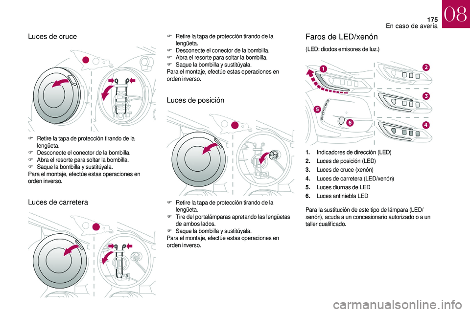 CITROEN DS3 2018 Manuales de Empleo (in Spanish) 175
Luces de cruce
Luces de carreteraF Retire la tapa de protección tirando de la lengüeta.
F
D
esconecte el conector de la bombilla.
F
A
bra el resorte para soltar la bombilla.
F
S
aque la bo CITROEN DS3 2018 Manuales de Empleo (in Spanish) 175
Luces de cruce
Luces de carreteraF Retire la tapa de protección tirando de la lengüeta.
F
D
esconecte el conector de la bombilla.
F
A
bra el resorte para soltar la bombilla.
F
S
aque la bo