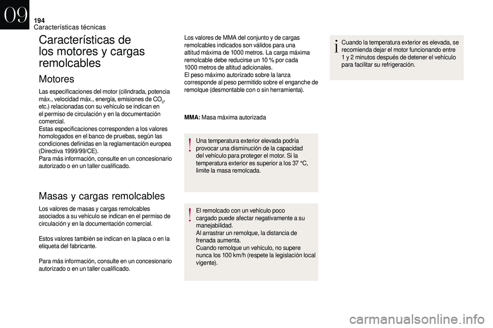 CITROEN DS3 2018 Manuales de Empleo (in Spanish) 194
Características de
los motores y cargas
remolcables
Motores
Las especificaciones del motor (cilindrada, potencia
máx., velocidad máx., energía, emisiones de CO
2,
etc.) relacionadas con s CITROEN DS3 2018 Manuales de Empleo (in Spanish) 194
Características de
los motores y cargas
remolcables
Motores
Las especificaciones del motor (cilindrada, potencia
máx., velocidad máx., energía, emisiones de CO
2,
etc.) relacionadas con s