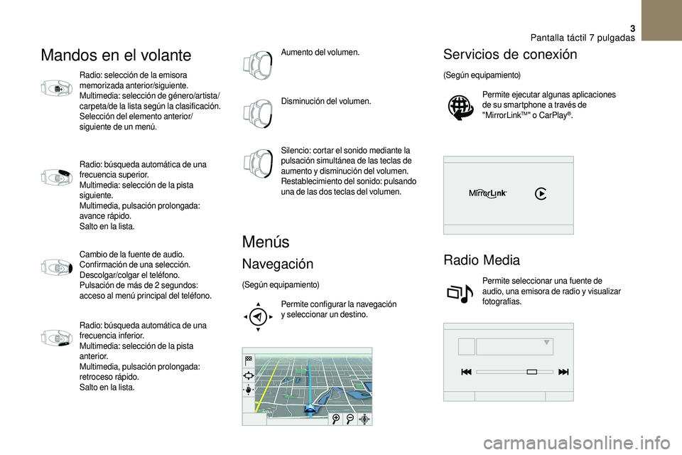 CITROEN DS3 2018 Manuales de Empleo (in Spanish) 3
Mandos en el volante
Radio: selección de la emisora
memorizada anterior/siguiente.
Multimedia: selección de género/artista/
carpeta/de la lista según la clasificación.
Selección del elemento CITROEN DS3 2018 Manuales de Empleo (in Spanish) 3
Mandos en el volante
Radio: selección de la emisora
memorizada anterior/siguiente.
Multimedia: selección de género/artista/
carpeta/de la lista según la clasificación.
Selección del elemento