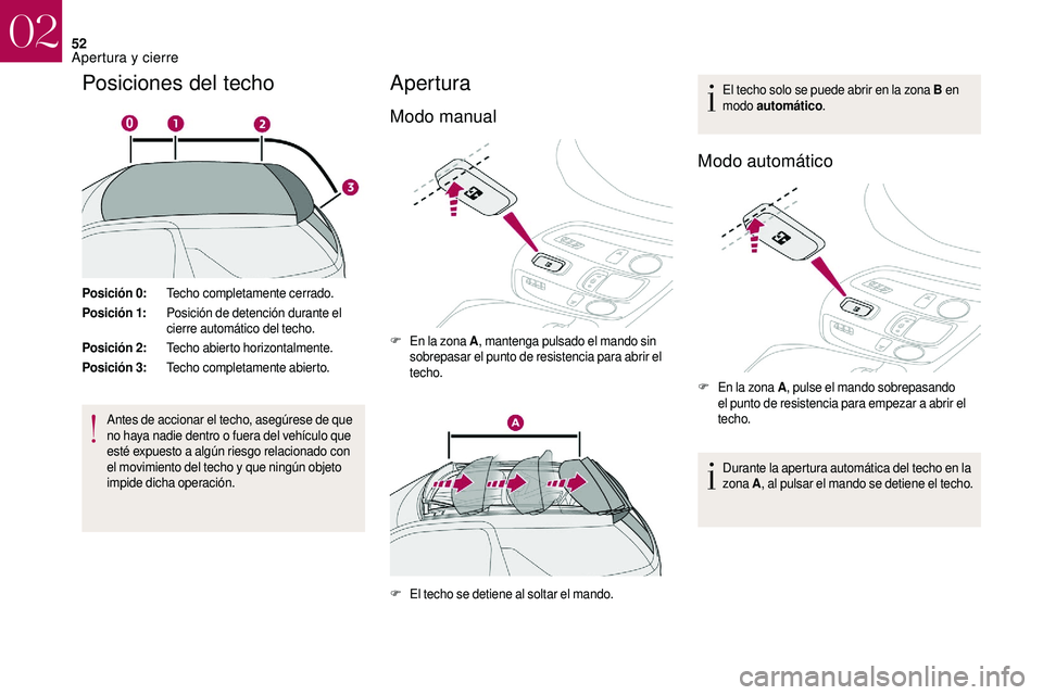 CITROEN DS3 2018  Manuales de Empleo (in Spanish) 52
Posiciones del techo
Posición 0:Techo completamente cerrado.
Posición 1: Posición de detención durante el 
cierre automático del techo.
Posición 2: Techo abierto horizontalmente.
Posición 3: