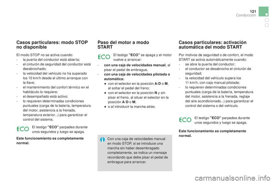 CITROEN DS3 2017 Manuales de Empleo (in Spanish) 121
DS3_es_Chap04_conduite_ed02-2015
Paso del motor a modo
S TA R T
El testigo "ECo" s e apaga y el motor
vuelve a arrancar:
-
c
on una caja de velocidades manual , al
pisar el pedal de CITROEN DS3 2017 Manuales de Empleo (in Spanish) 121
DS3_es_Chap04_conduite_ed02-2015
Paso del motor a modo
S TA R T
El testigo "ECo" s e apaga y el motor
vuelve a arrancar:
-
c
on una caja de velocidades manual , al
pisar el pedal de
