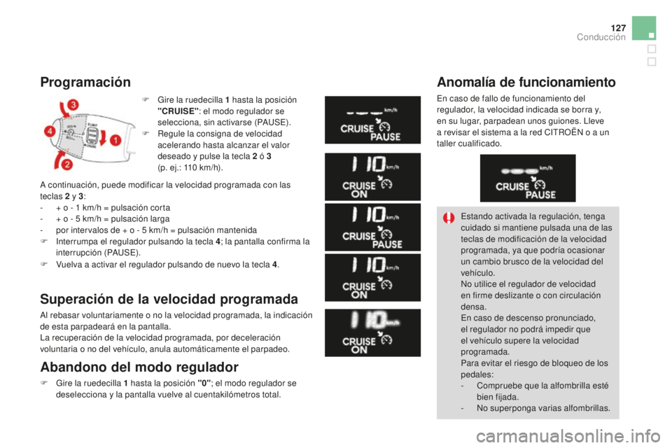 CITROEN DS3 2017 Manuales de Empleo (in Spanish) 127
DS3_es_Chap04_conduite_ed02-2015
Programación
F Gire la ruedecilla 1 hasta la posición
"CRUISE" : el modo regulador se
selecciona, sin activarse (PAUSE).
F
R
egule la consigna de v CITROEN DS3 2017 Manuales de Empleo (in Spanish) 127
DS3_es_Chap04_conduite_ed02-2015
Programación
F Gire la ruedecilla 1 hasta la posición
"CRUISE" : el modo regulador se
selecciona, sin activarse (PAUSE).
F
R
egule la consigna de v