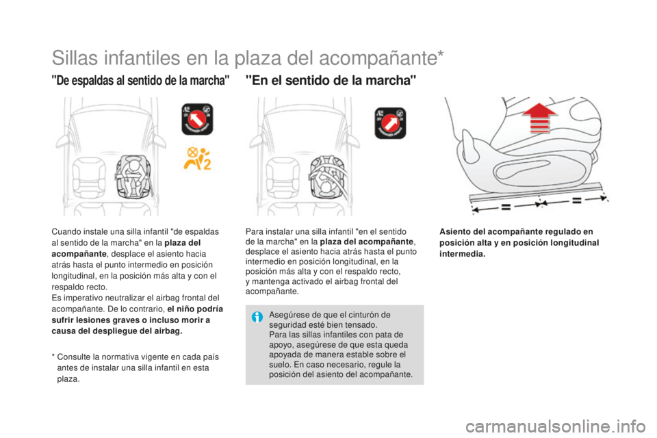 CITROEN DS3 2017 Manuales de Empleo (in Spanish) DS3_es_Chap07_securite-enfants_ed02-2015
Sillas infantiles en la plaza del acompañante*
"De espaldas al sentido de la marcha""En el sentido de la marcha"
Asiento del acompañante regu CITROEN DS3 2017 Manuales de Empleo (in Spanish) DS3_es_Chap07_securite-enfants_ed02-2015
Sillas infantiles en la plaza del acompañante*
"De espaldas al sentido de la marcha""En el sentido de la marcha"
Asiento del acompañante regu