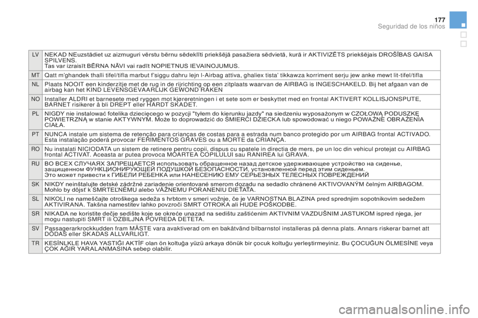 CITROEN DS3 2017 Manuales de Empleo (in Spanish) LVNEK AD NEuzstādiet uz aizmuguri vērstu bērnu sēdeklīti priekšējā pasažiera sēdvietā, kurā ir AKTIVIZĒTS priekšējais DROŠĪBAS GAISA
S P I LV E N S .
Tas var izraisīt BĒRNA NĀVI v CITROEN DS3 2017 Manuales de Empleo (in Spanish) LVNEK AD NEuzstādiet uz aizmuguri vērstu bērnu sēdeklīti priekšējā pasažiera sēdvietā, kurā ir AKTIVIZĒTS priekšējais DROŠĪBAS GAISA
S P I LV E N S .
Tas var izraisīt BĒRNA NĀVI v