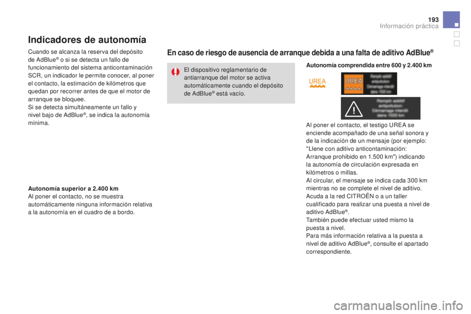 CITROEN DS3 2017 Manuales de Empleo (in Spanish) 193
DS3_es_Chap08_info-pratiques_ed02-2015
Indicadores de autonomía
Cuando se alcanza la reserva del depósito
de AdBlue® o si se detecta un fallo de
funcionamiento del sistema anticontaminación CITROEN DS3 2017 Manuales de Empleo (in Spanish) 193
DS3_es_Chap08_info-pratiques_ed02-2015
Indicadores de autonomía
Cuando se alcanza la reserva del depósito
de AdBlue® o si se detecta un fallo de
funcionamiento del sistema anticontaminación