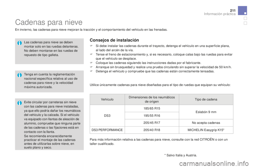 CITROEN DS3 2017 Manuales de Empleo (in Spanish) 2 11
DS3_es_Chap08_info-pratiques_ed02-2015
Se recomienda encarecidamente
practicar el montaje de las cadenas
antes de utilizarlas sobre nieve, en
suelo plano y seco.
Cadenas para nieve
En invierno CITROEN DS3 2017 Manuales de Empleo (in Spanish) 2 11
DS3_es_Chap08_info-pratiques_ed02-2015
Se recomienda encarecidamente
practicar el montaje de las cadenas
antes de utilizarlas sobre nieve, en
suelo plano y seco.
Cadenas para nieve
En invierno