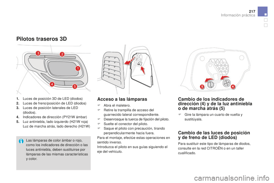 CITROEN DS3 2017 Manuales de Empleo (in Spanish) 217
DS3_es_Chap08_info-pratiques_ed02-2015
Cambio de los indicadores de
dirección (4) y de la luz antiniebla
o de marcha atrás (5)
F Gire la lámpara un cuarto de vuelta y sustitúyala.
Cambio de CITROEN DS3 2017 Manuales de Empleo (in Spanish) 217
DS3_es_Chap08_info-pratiques_ed02-2015
Cambio de los indicadores de
dirección (4) y de la luz antiniebla
o de marcha atrás (5)
F Gire la lámpara un cuarto de vuelta y sustitúyala.
Cambio de