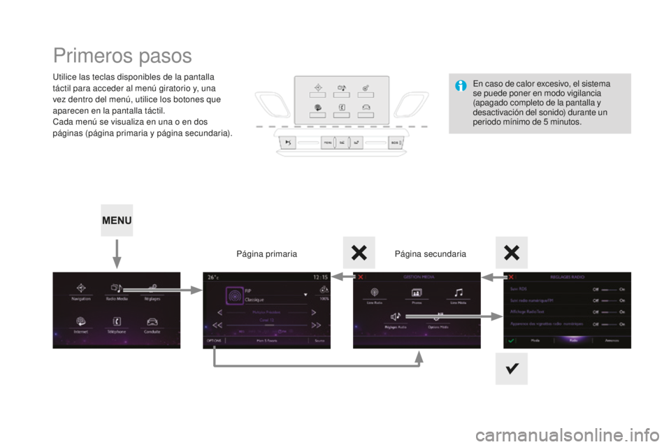 CITROEN DS3 2017  Manuales de Empleo (in Spanish) DS3_es_Chap11c_SMEGplus_ed02-2015
Primeros pasos
Utilice las teclas disponibles de la pantalla 
táctil para acceder al menú giratorio y, una 
vez dentro del menú, utilice los botones que 
aparecen 
