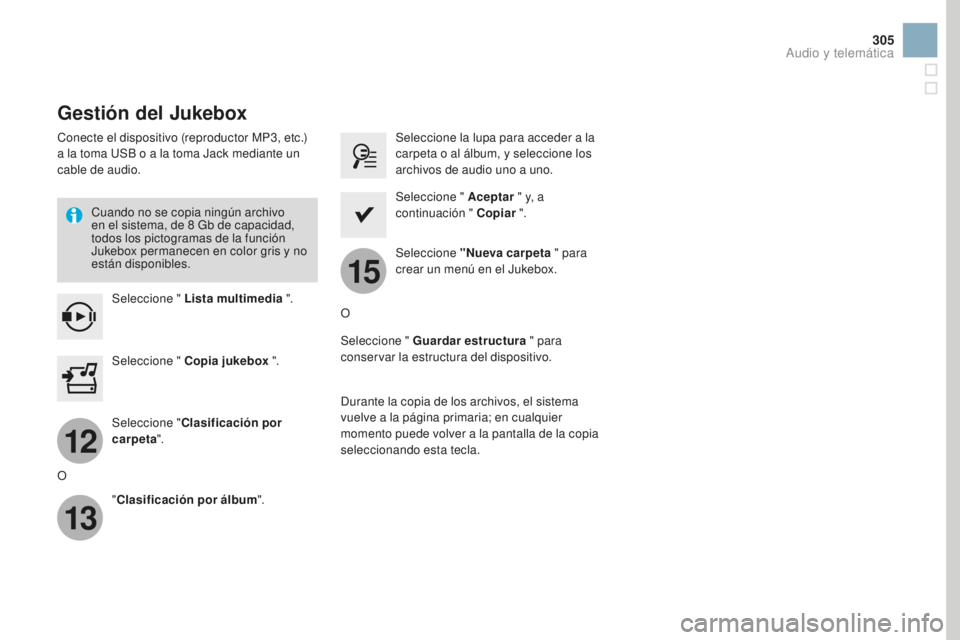 CITROEN DS3 2017  Manuales de Empleo (in Spanish) 12
13
15
305
DS3_es_Chap11c_SMEGplus_ed02-2015
Gestión del Jukebox
Conecte el dispositivo (reproductor MP3, etc.) 
a la toma USB o a la toma Jack mediante un 
cable de audio.Cuando no se copia ningú