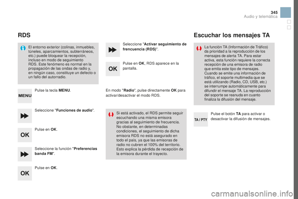 CITROEN DS3 2017 Manuales de Empleo (in Spanish) 345
DS3_es_Chap11d_RD45_ed02-2015
RDS
El entorno exterior (colinas, inmuebles,
túneles, aparcamientos, subterráneos,
etc.) puede bloquear la recepción,
incluso en modo de seguimiento
RDS. Este CITROEN DS3 2017 Manuales de Empleo (in Spanish) 345
DS3_es_Chap11d_RD45_ed02-2015
RDS
El entorno exterior (colinas, inmuebles,
túneles, aparcamientos, subterráneos,
etc.) puede bloquear la recepción,
incluso en modo de seguimiento
RDS. Este