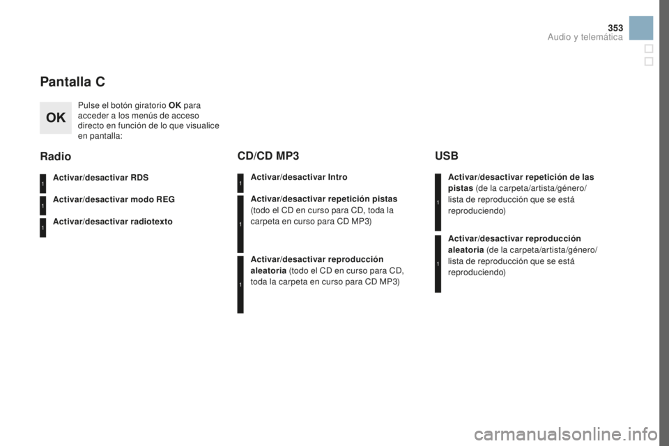 CITROEN DS3 2017  Manuales de Empleo (in Spanish) 353
DS3_es_Chap11d_RD45_ed02-2015
Pantalla C
Pulse el botón giratorio oK par a 
acceder a los menús de acceso 
directo en función de lo que visualice 
en pantalla:
Activar/desactivar RDS
Activar/de