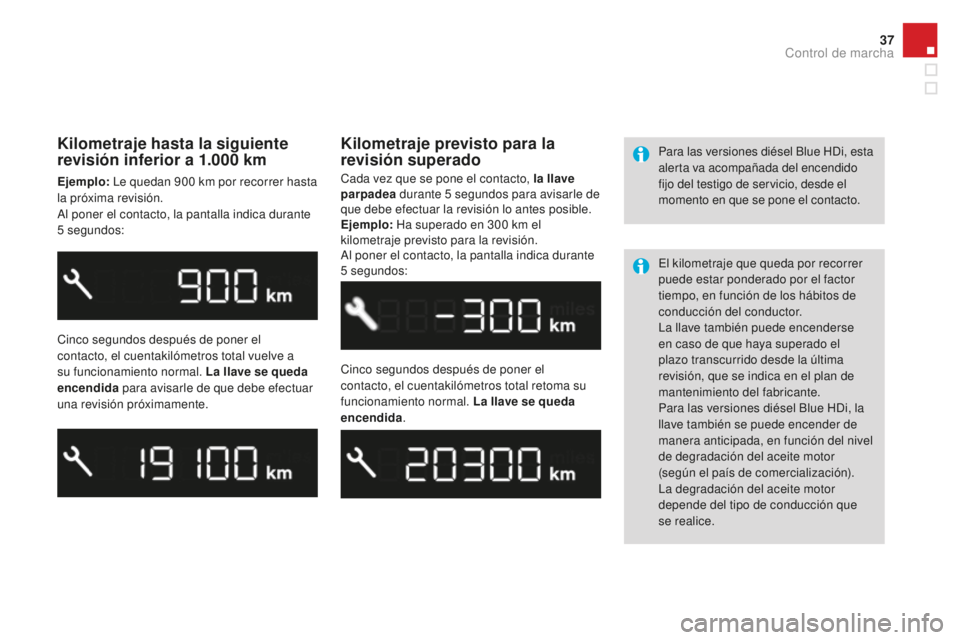 CITROEN DS3 2017 Manuales de Empleo (in Spanish) 37
DS3_es_Chap01_controle-de-marche_ed02-2015
Kilometraje hasta la siguiente
revisión inferior a 1.000 km
Ejemplo: Le quedan 900 km por recorrer hasta
la próxima revisión.
Al poner el contacto CITROEN DS3 2017 Manuales de Empleo (in Spanish) 37
DS3_es_Chap01_controle-de-marche_ed02-2015
Kilometraje hasta la siguiente
revisión inferior a 1.000 km
Ejemplo: Le quedan 900 km por recorrer hasta
la próxima revisión.
Al poner el contacto